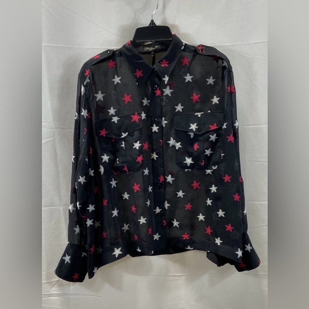 Rag & Bone Black Sheer Blouse with Red and White Stars Sz Lg